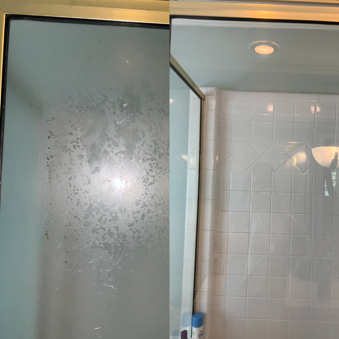 Before and after shower door cleaning by Clean Spaces Co in Moore, Montgomery, and Randolph Counties.
