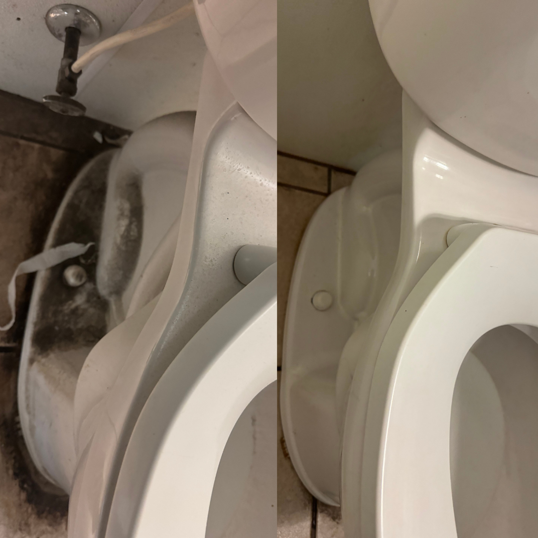 Before and after commercial toilet cleaning by Clean Spaces Co, removing grime in local business restrooms in Moore County, Randolph County, and Montgomery County, North Carolina.