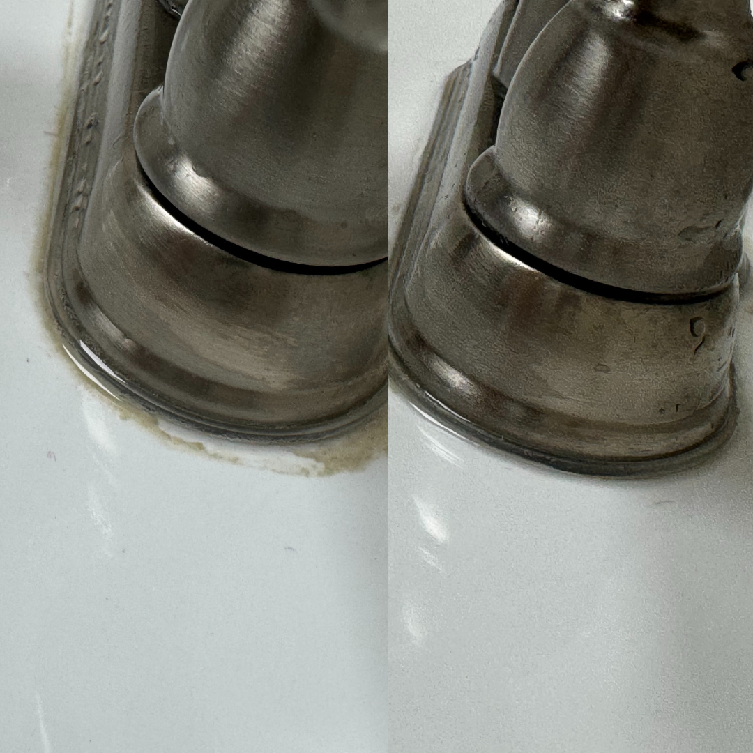 Before and after cleaning of a sink by Clean Spaces Co, removing dirt and stains from office floors in Asheboro, Southern Pines, Carthage, West End, Seven Lakes, Troy, Asheboro, North Carolina.