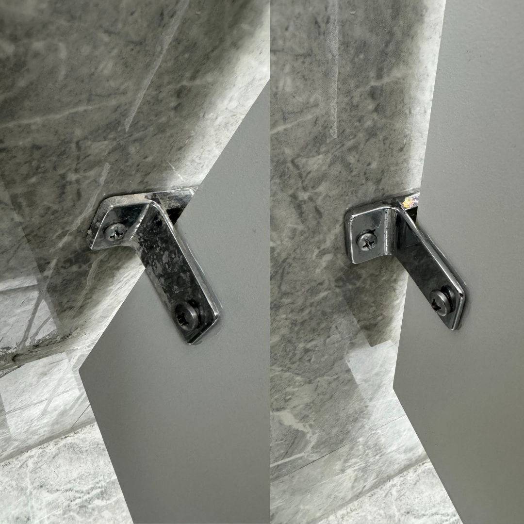 Before and after commercial bathroom stall latch cleaning by Clean Spaces Co, removing dirt in office restrooms in Asheboro, Pinehurst, Seven Lakes, North Carolina.