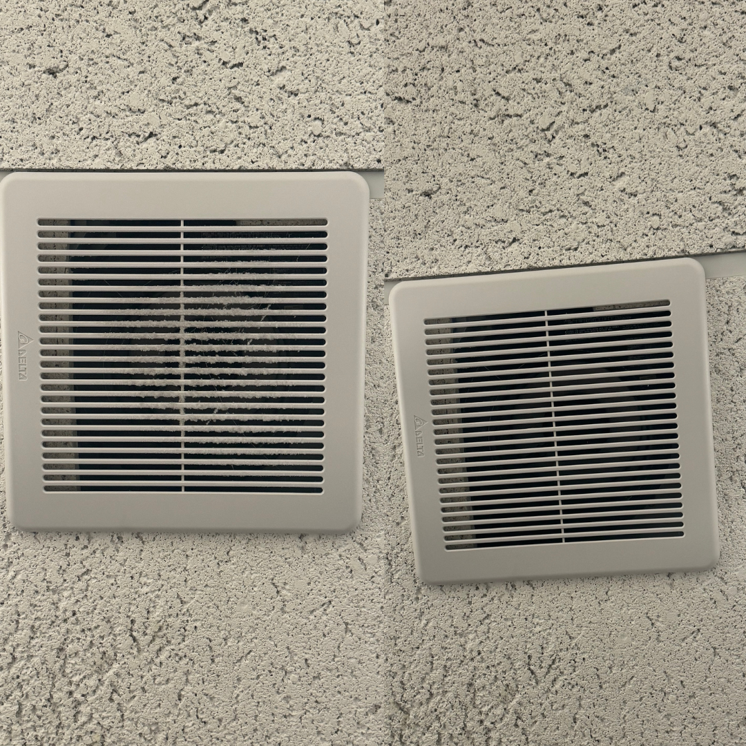 Before and after commercial ventilation grille cleaning by Clean Spaces Co, removing buildup from office vents in Southern Pines, Pinehurst, Carthage, West End, Seven Lakes, Troy, and Biscoe, North Carolina.