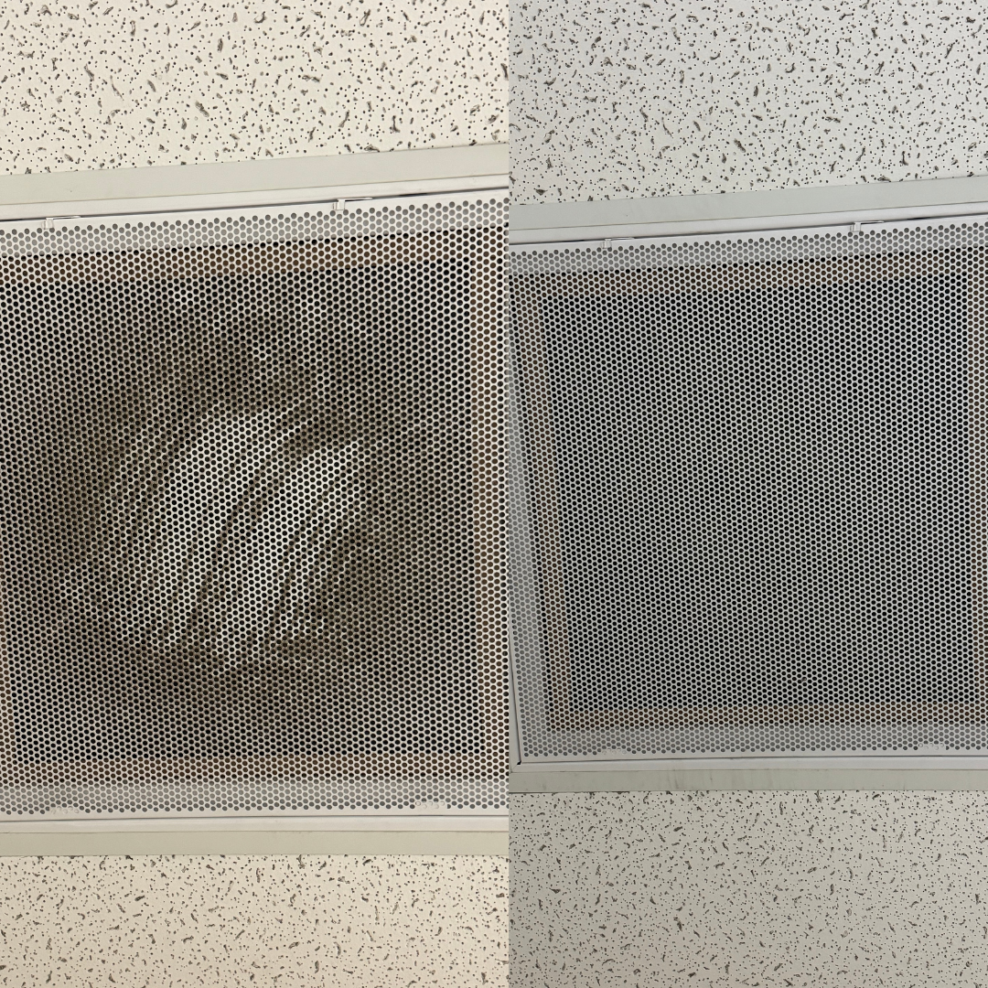 Before and after commercial air vent cleaning by Clean Spaces Co, removing dust and buildup in an office ceiling in Pinehurst, West End, Asheboro, Seagrove, North Carolina.
