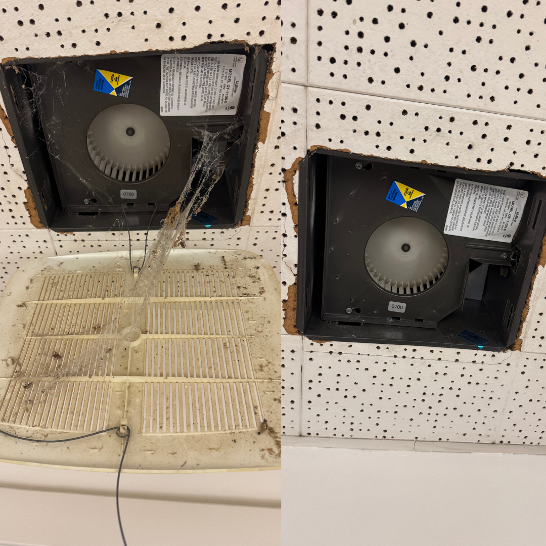 Before and after commercial air vent cleaning by Clean Spaces Co, removing dust from a dance studio vent in Moore County North Carolina.