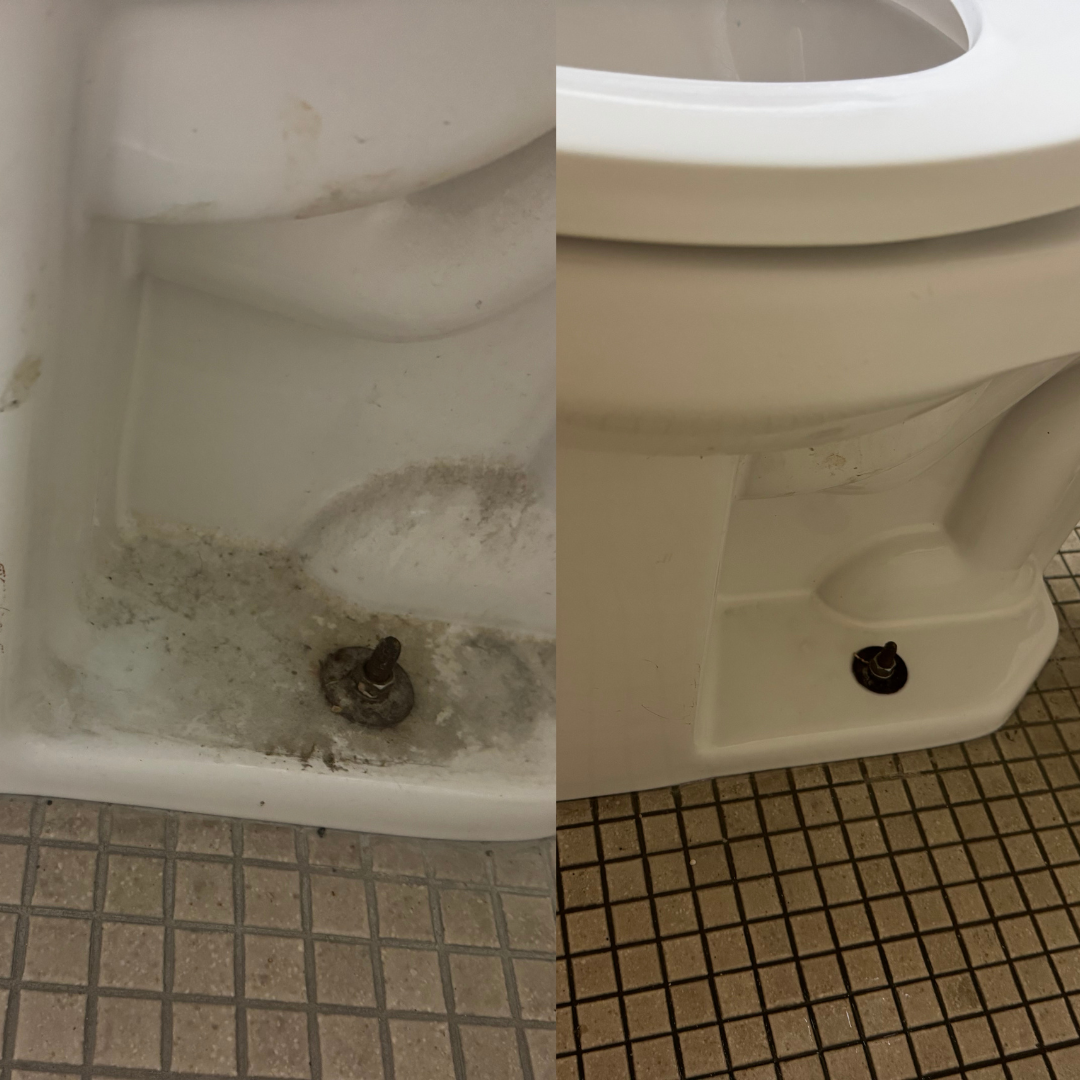 Before and after commercial toilet cleaning by Clean Spaces Co, showing removal of stains in Southern Pines, Asheboro, Seven Lakes, and Troy, North Carolina.