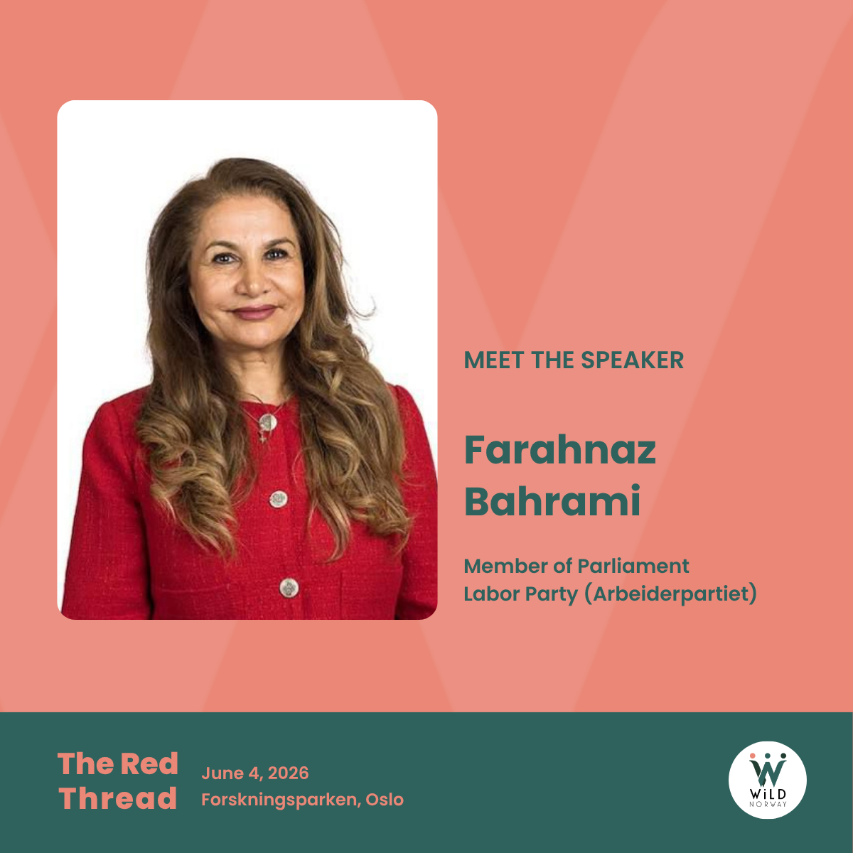 Headshot of Farahnaz Bahrami with the tile saying Meet the Speaker