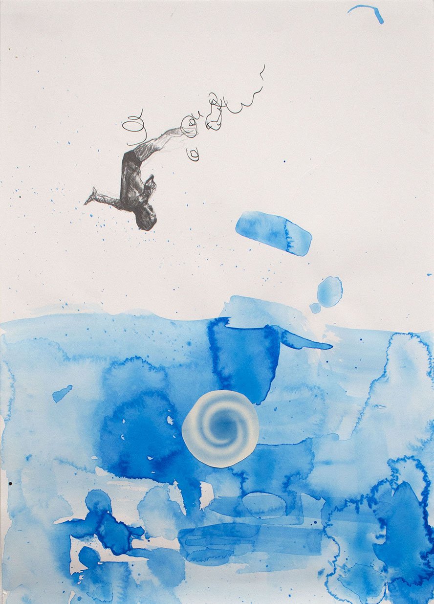 DIVER (watercolour, pencil, collage on paper)