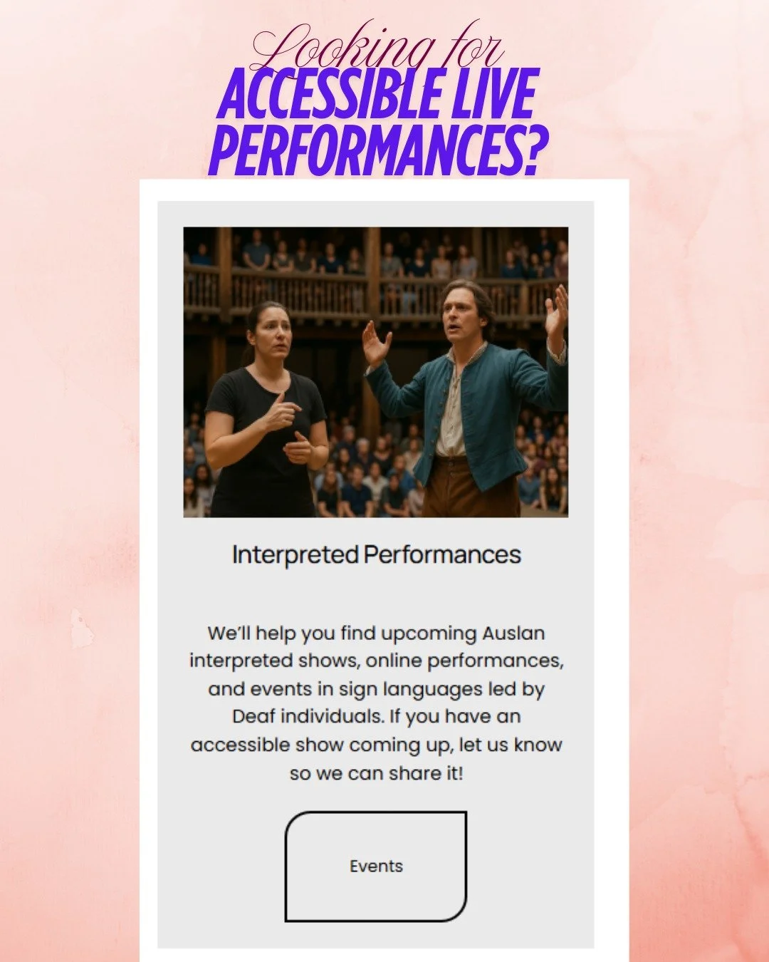 🎭✨ Looking for Shakespeare on stage with Auslan?

Our Events page features upcoming Shakespeare performances around Australia with Auslan interpreters &mdash; from classic productions to contemporary retellings.

Whether you&rsquo;re a lifelong fan 