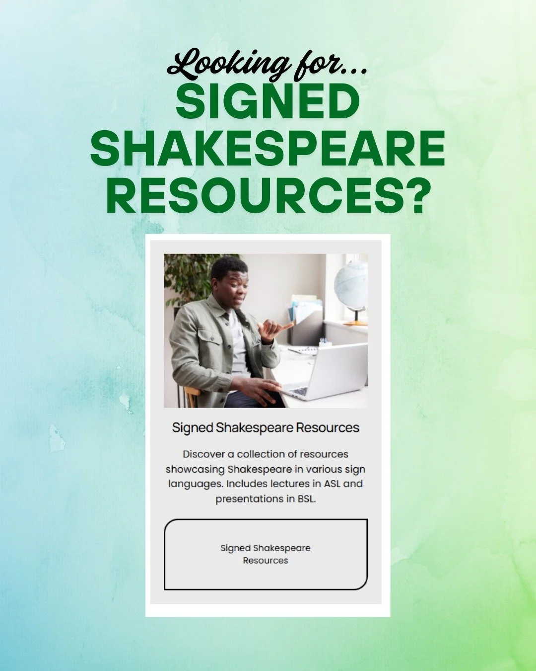 Want to watch Shakespeare online in sign language?

Our Signed Shakespeare page is your go-to hub for:
* Snippets of Deaf actors performing Shakespeare
* Lectures and presentations about Shakespeare in different sign languages
* Online Shakespeare pr