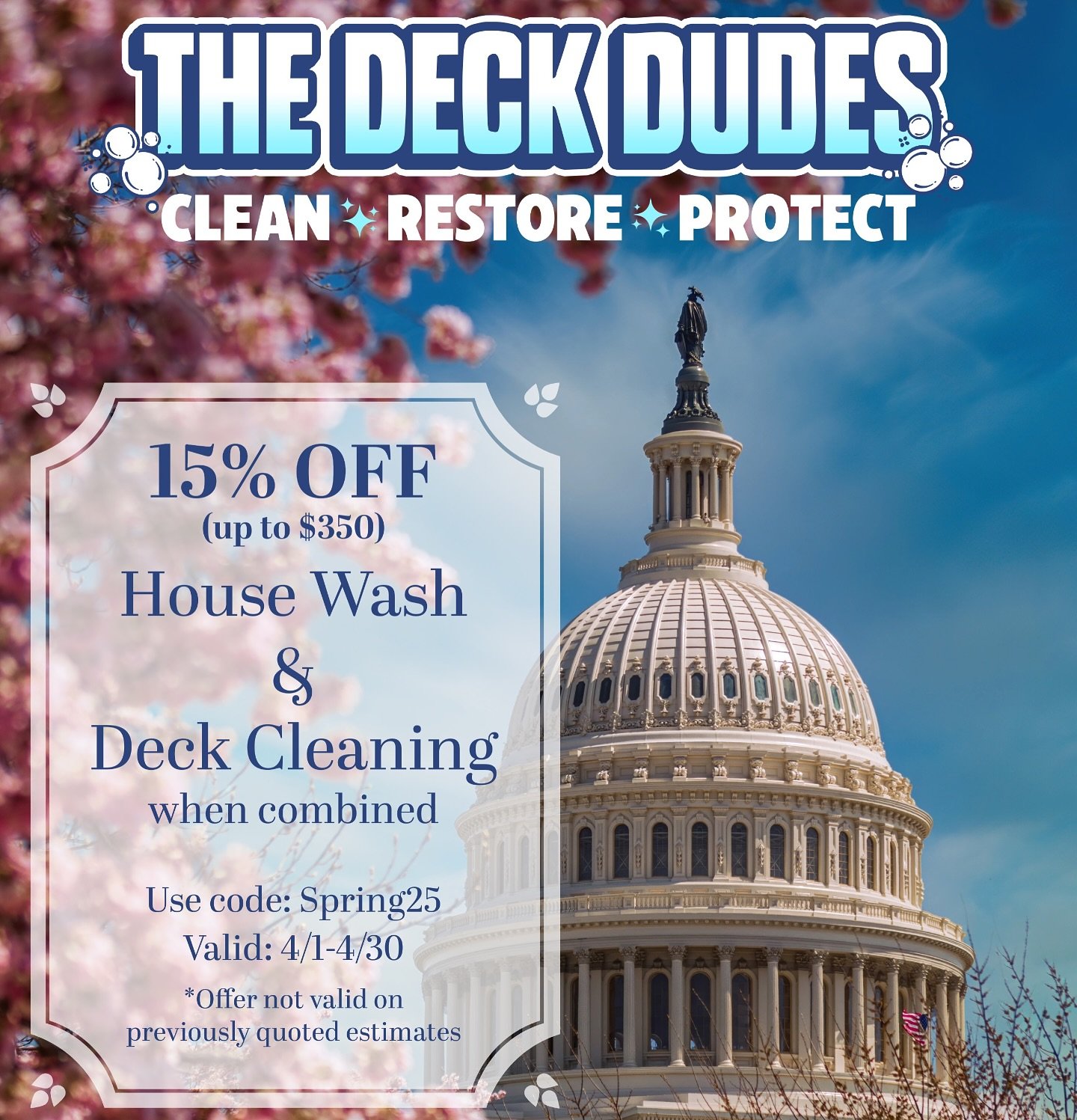 📢 Spring Savings Alert! 🌺 

Book your spring cleaning with The Deck Dudes! Enjoy 15% OFF (Up to $350) all spring when you book house wash &amp; deck cleaning services together! 🏠

Don&rsquo;t miss out on this exclusive Spring deal! Book Now to loc