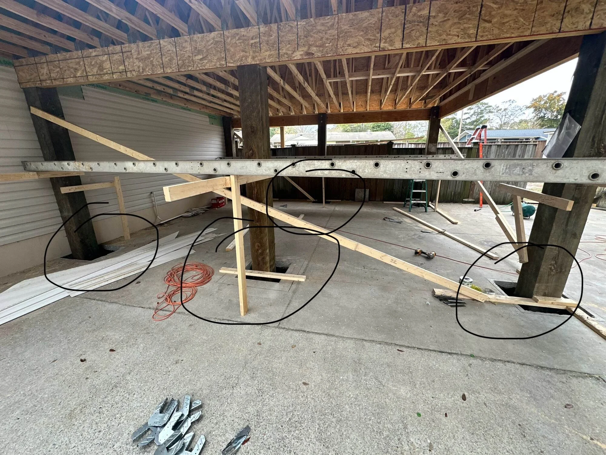 During — roof framing coming together overhead