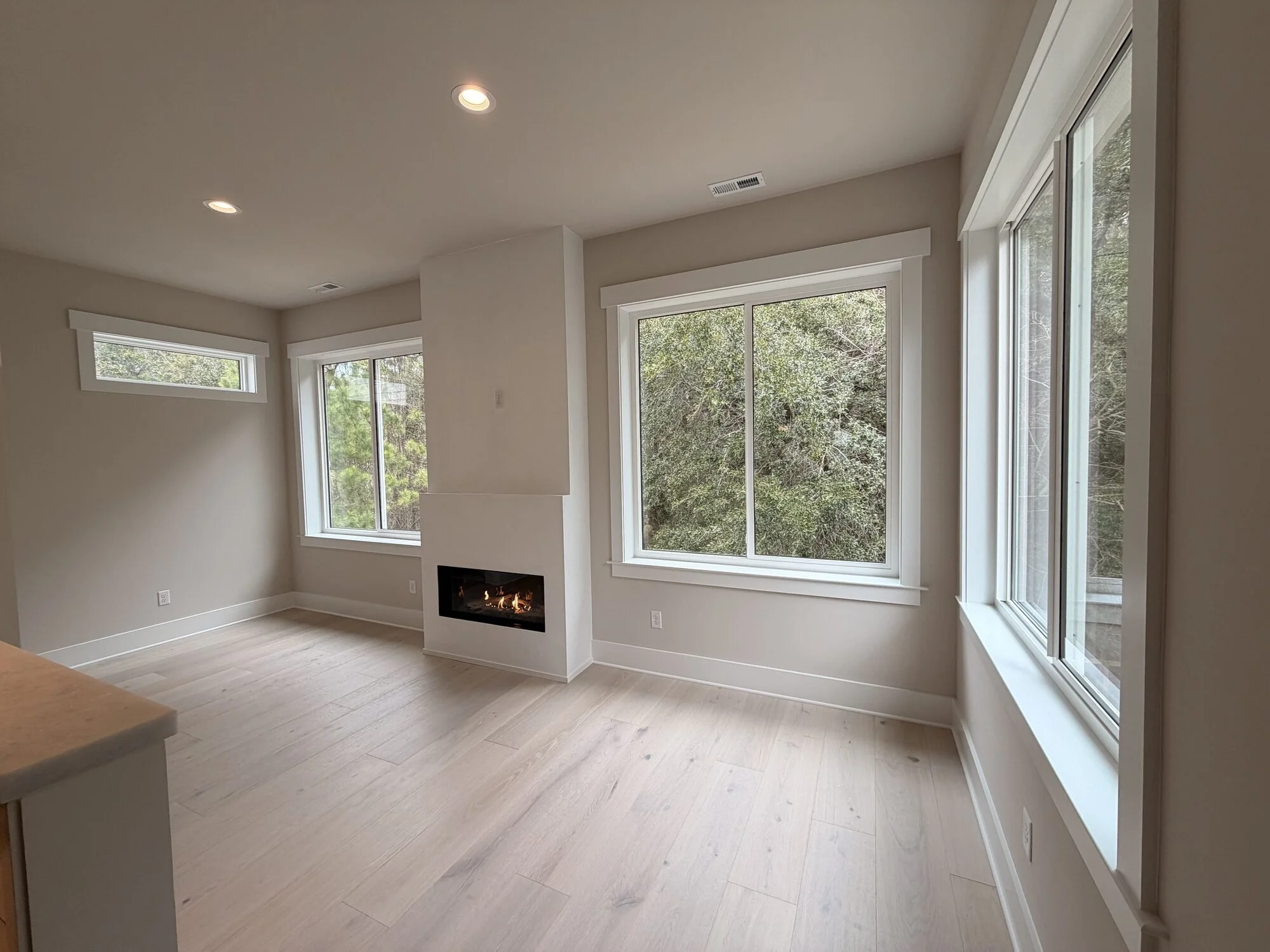 After — the family room wrapped in oversized windows and natural light