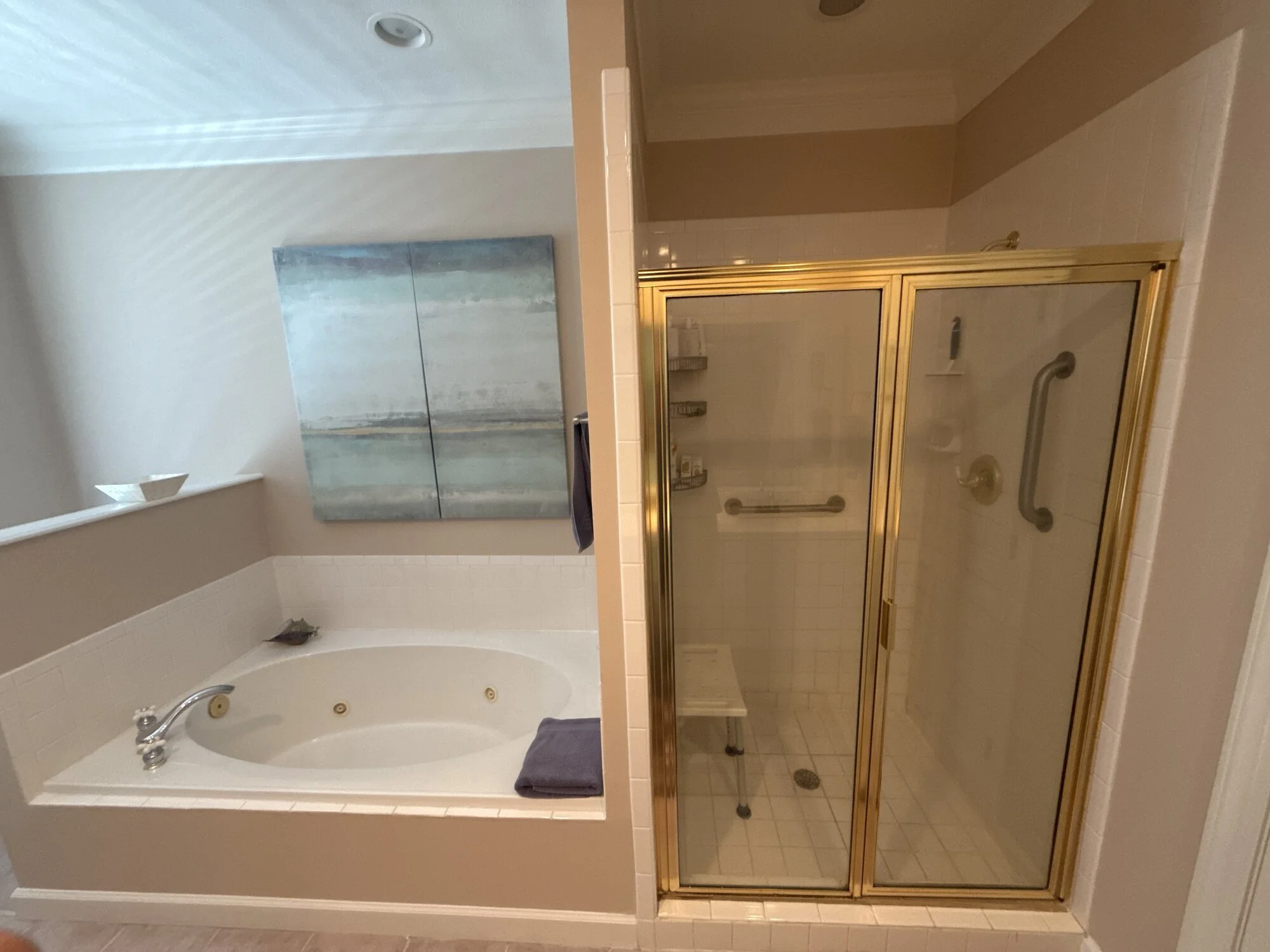 Before — the dated jetted tub and gold-framed shower squeezed together
