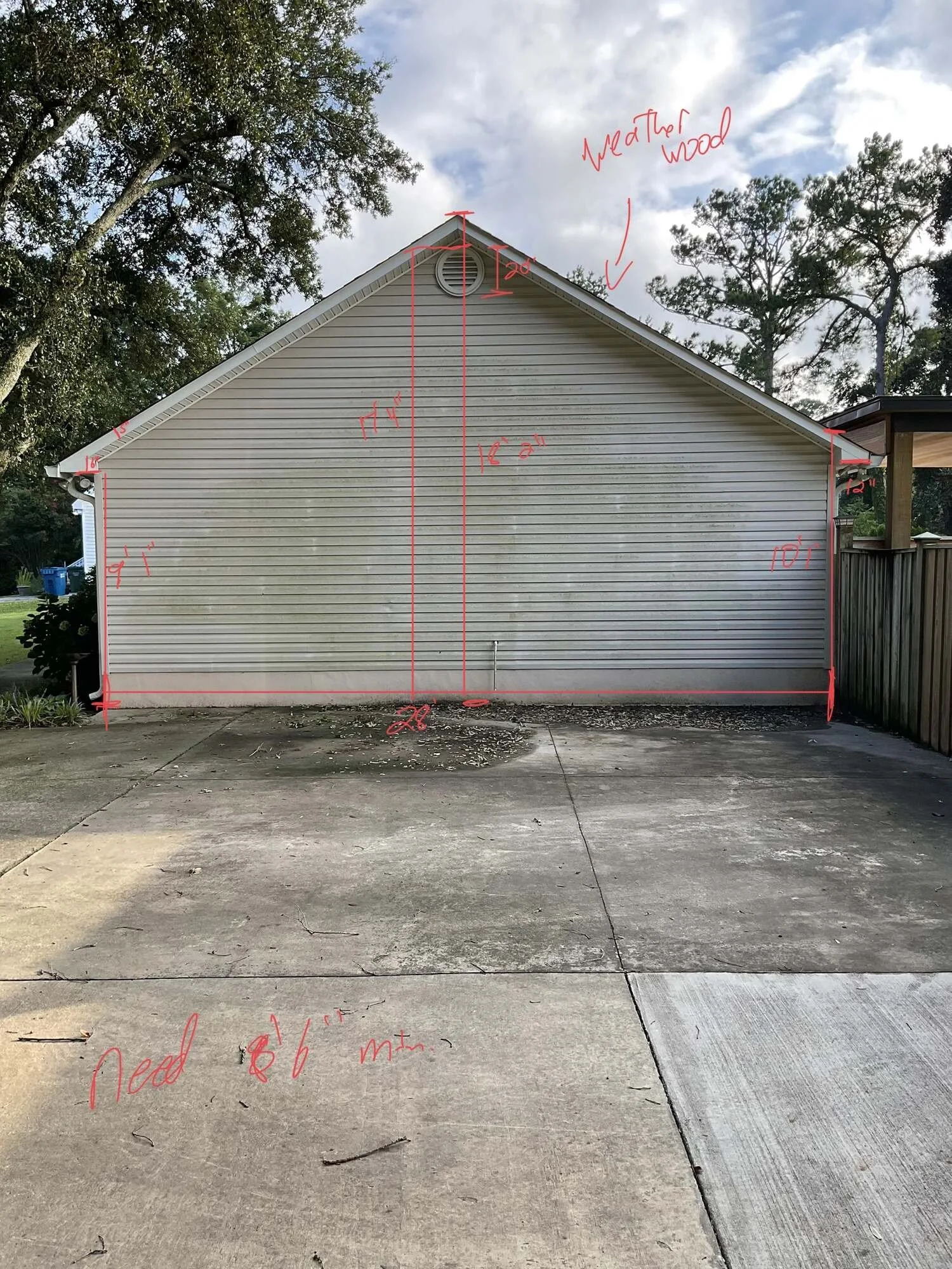 Before — layout lines mapping the new carport against the existing gable