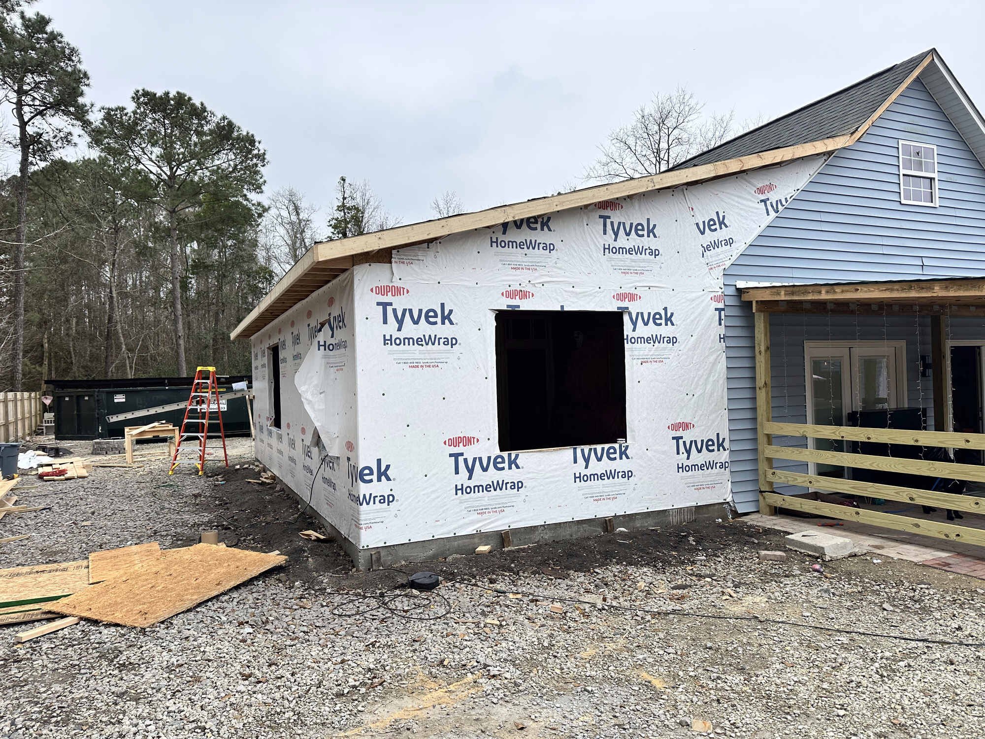During — wrapped and ready for siding, windows on the way