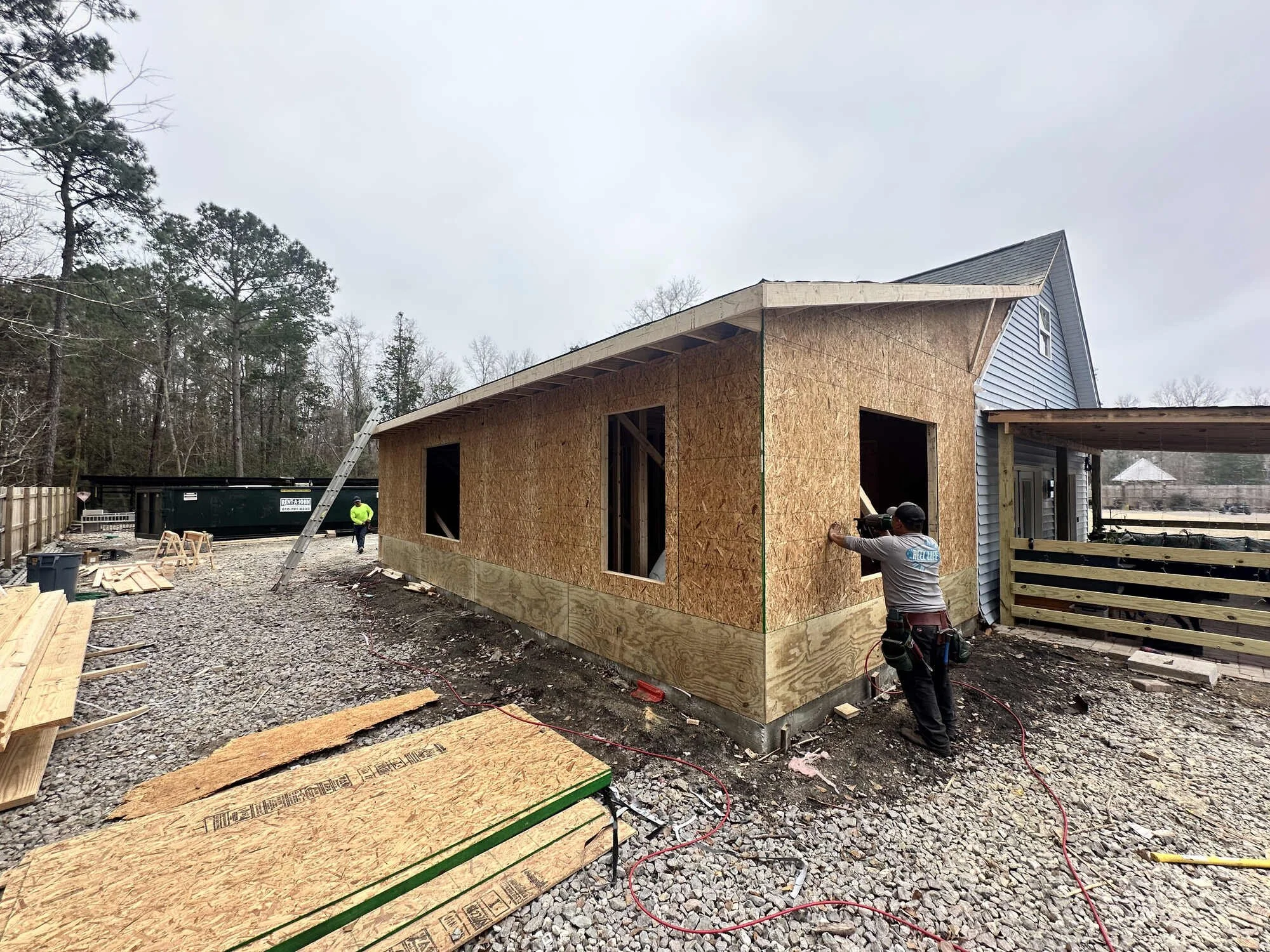 During — roofline framed to tie in to the original pitch
