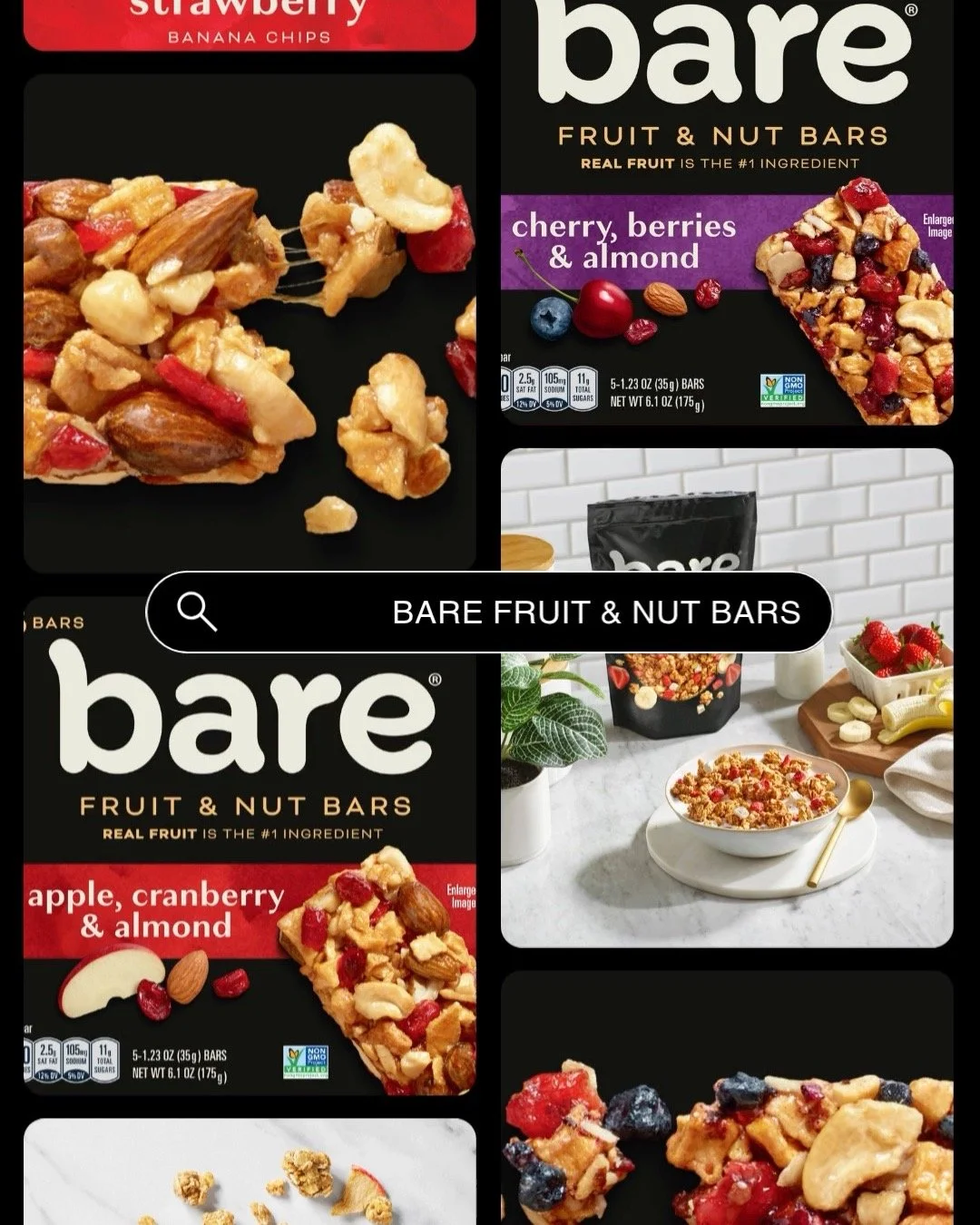 New work! 🍓🥜
I had the pleasure of photographing the launch of bare&rsquo;s new fruit &amp; nut bars + granola&mdash;healthy, simple, and delicious!
This continues our creative collab that started with their full line of baked fruit chips (yes, I&r
