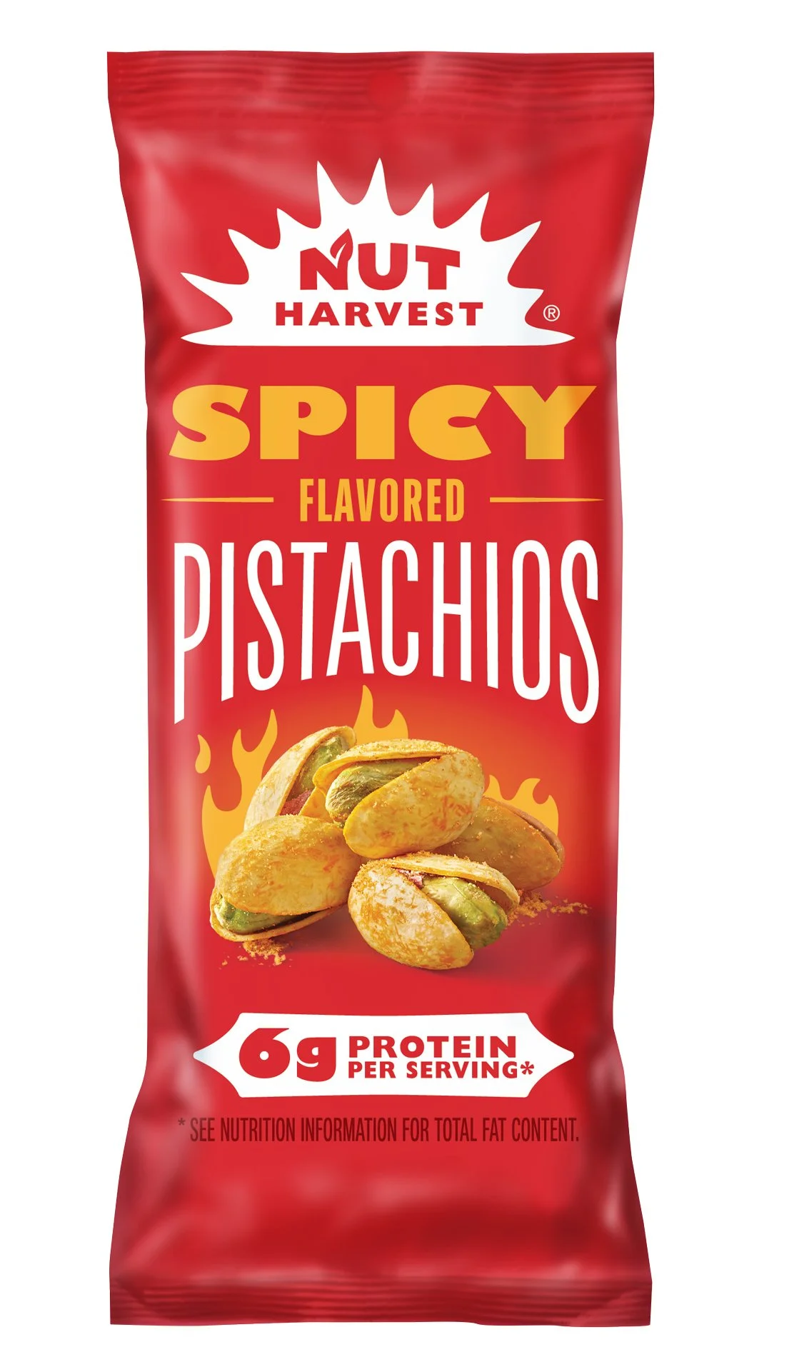 Nut Harvest Spicy Pistachio packaging photography — snack product photography for CPG client