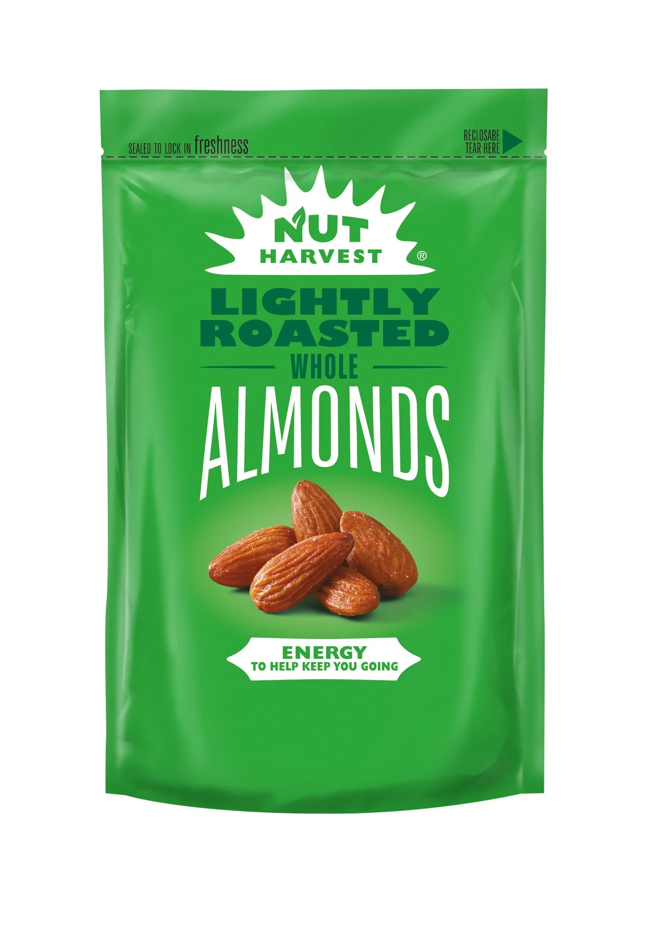 Nut Harvest roasted almonds packaging photography — snack product photography for CPG client