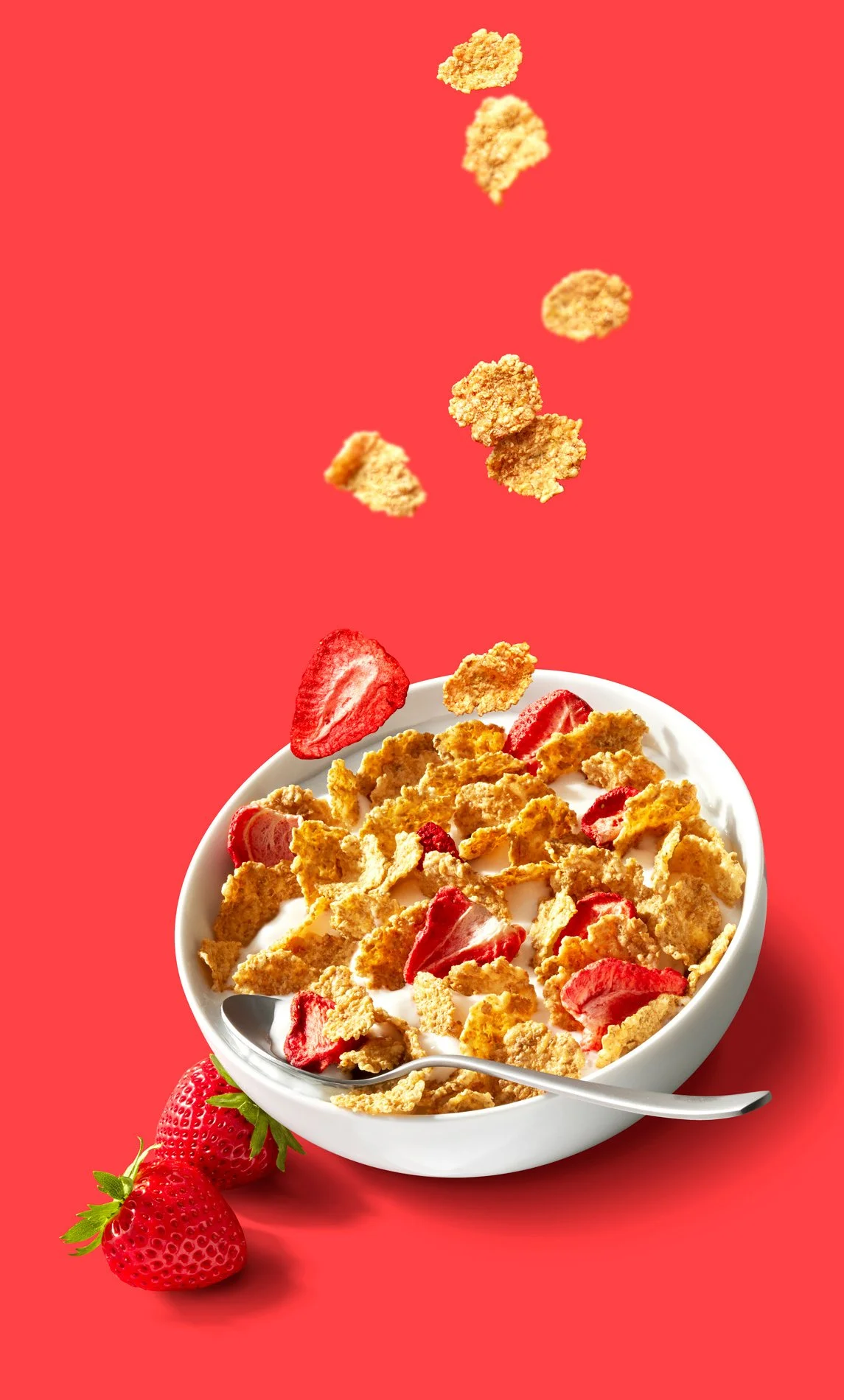 Bowl of special k strawberry cereal — CPG packaging photography for breakfast brand marketing