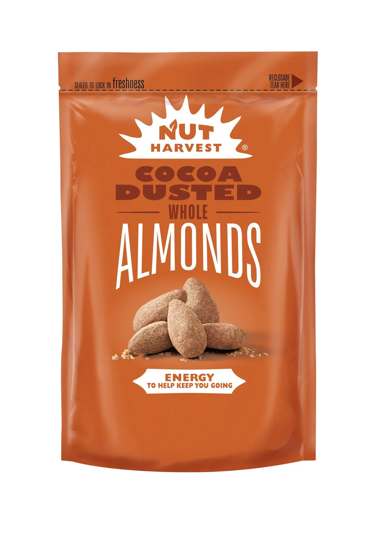 Nut Harvest Cocoa Almonds packaging photography — snack product photography for CPG client