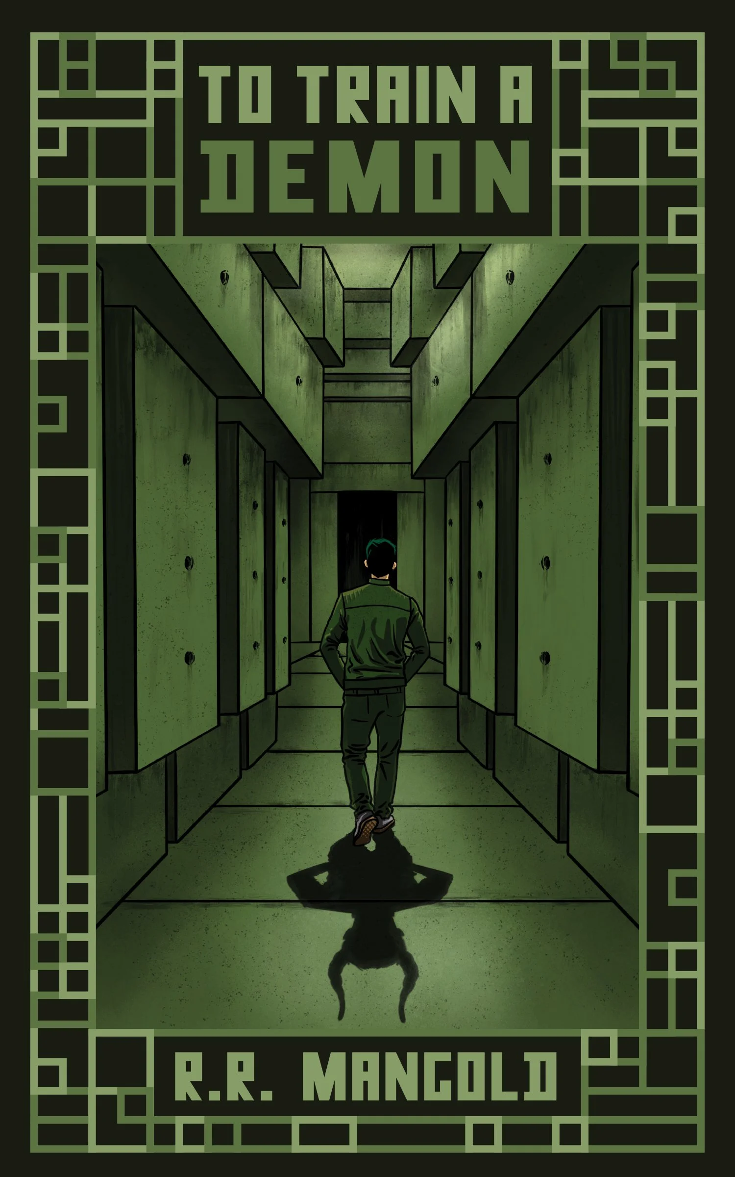 Book cover art for 'To Train a Demon' by R.R. Mangold, featuring a person walking down a dark, green-toned corridor with a shadowy demon-like creature reflected on the floor.