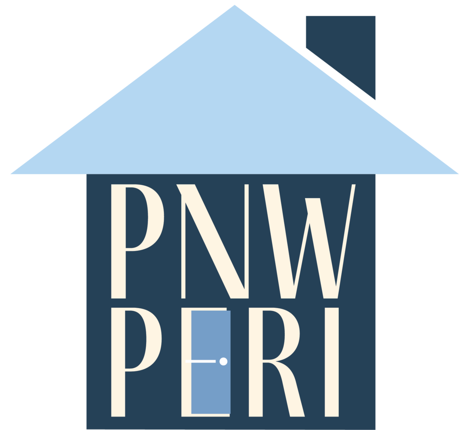 PNW Peri logo- Navy blue house, with a light blue roof. House says "PNWPERI" on the front, and the "e" in PERI is the front door of the house.