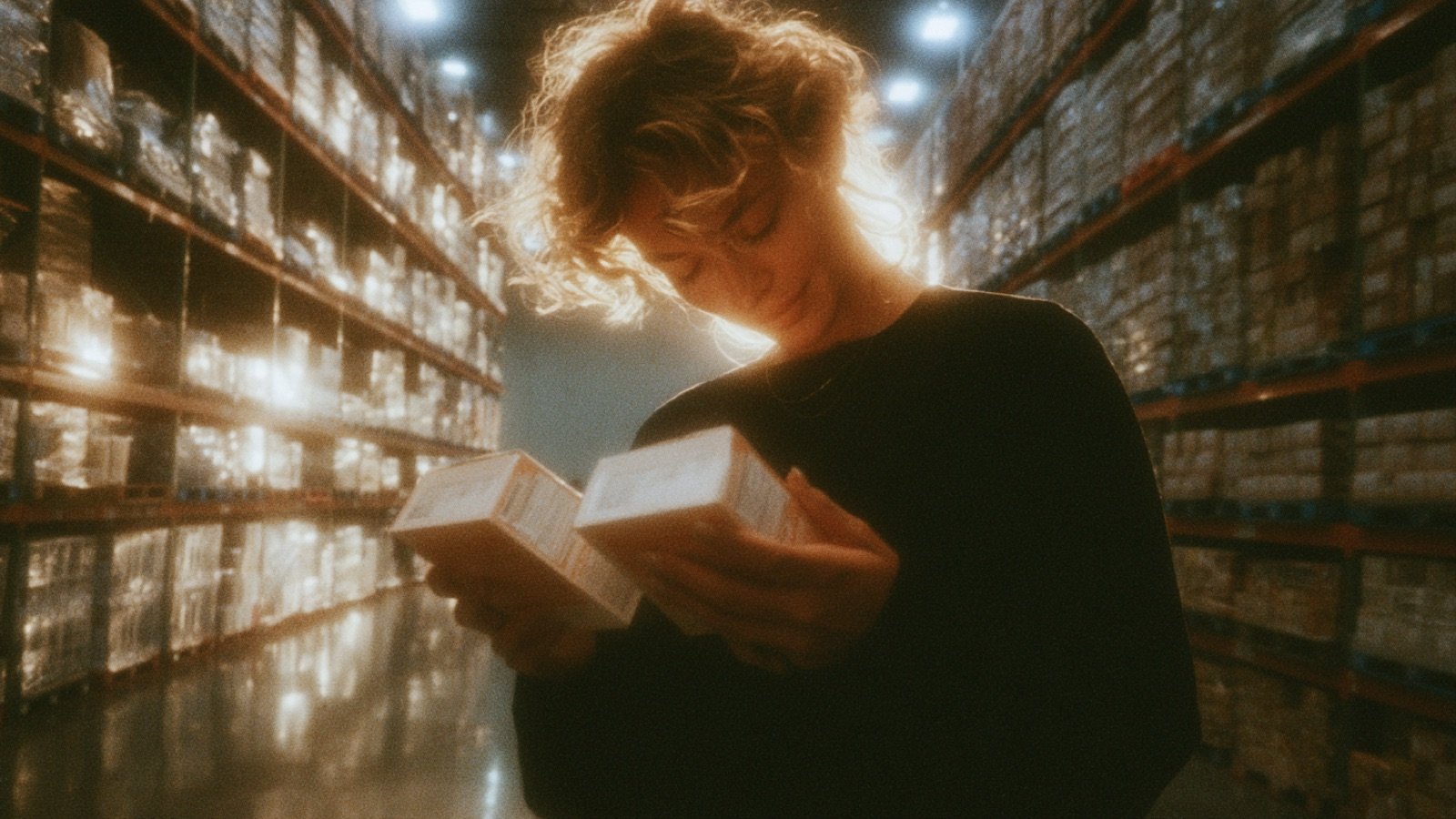 Shopper comparing two similar product boxes in a warehouse store aisle