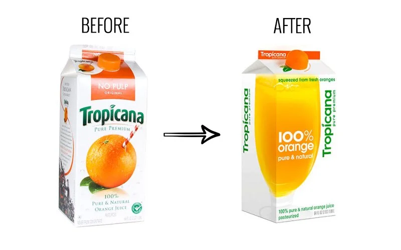 Tropicana Pure Premium cartons before and after the 2009 redesign: the original carton with the orange and striped straw next to the redesigned carton with a plain glass of juice and vertical logo.