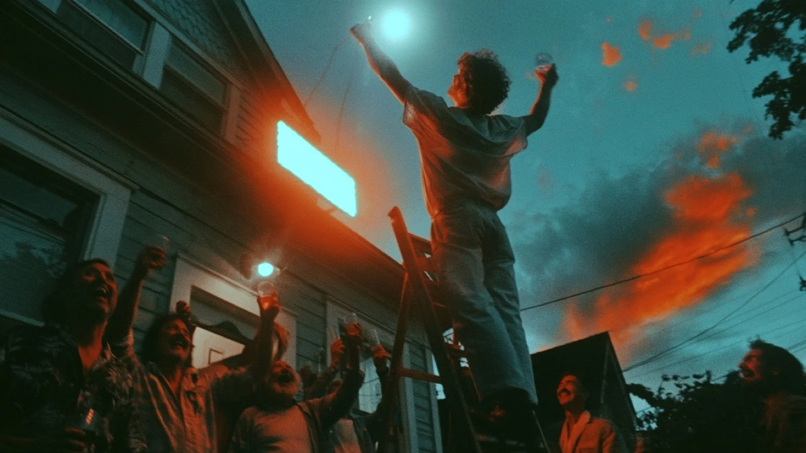 A man on a ladder raises a glass beside a newly lit blank sign on a house at dusk while friends below cheer with their drinks.