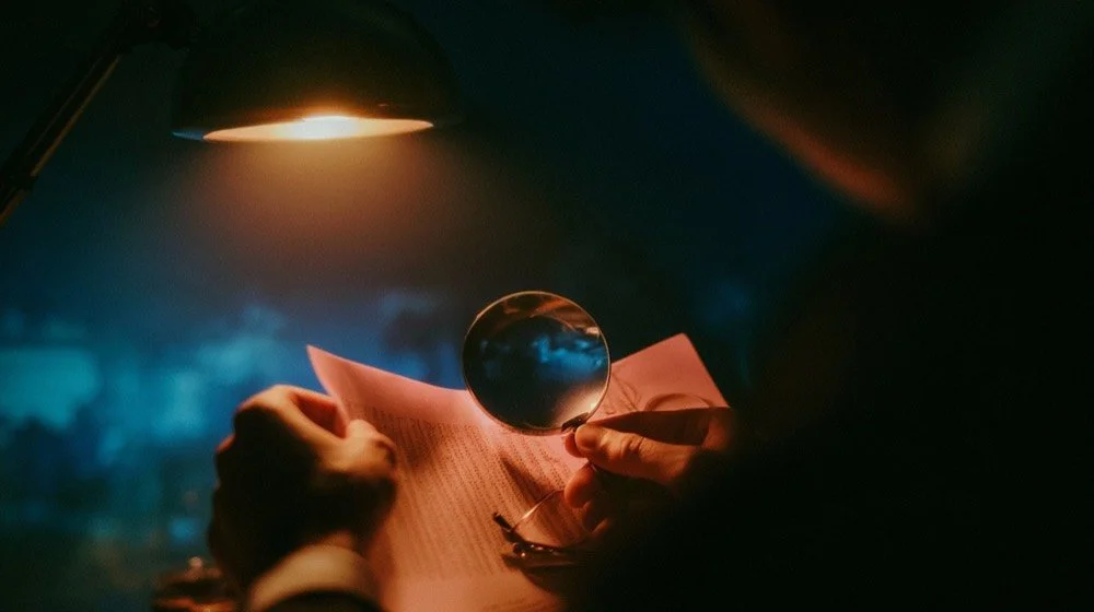 Hands holding a printed report up into warm lamplight in a dark blue office, a magnifying glass resting against the page dense with small figures.