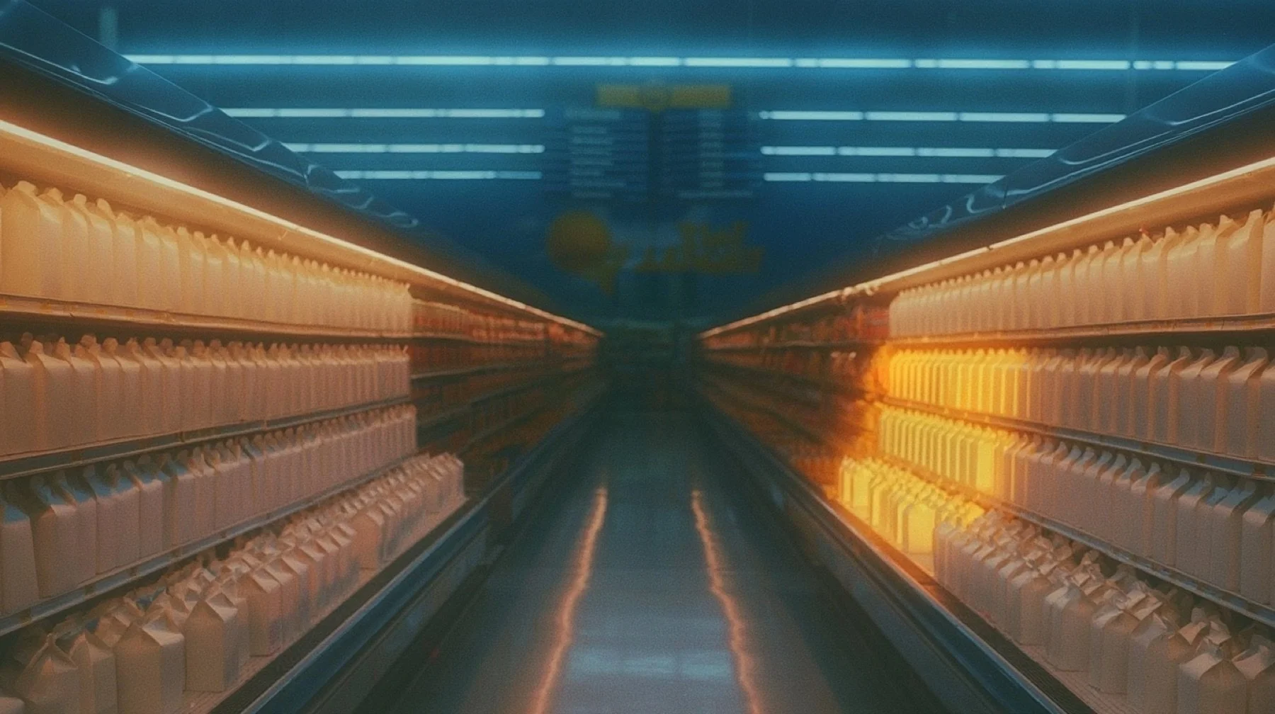 A grocery aisle of identical blank cartons stretching to a vanishing point under fluorescent light, one run of cartons lit a warmer shade.