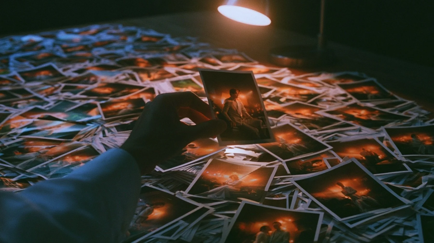 A hand pulling a single print from a table covered in dozens of near identical wedding photographs under a desk lamp.