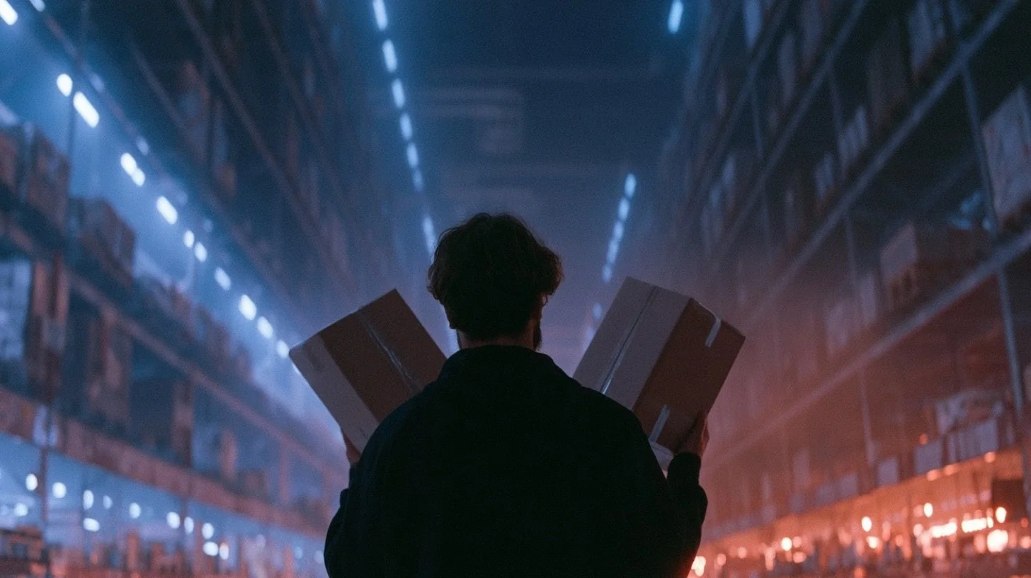 Silhouetted shopper holding two boxes in a warehouse store aisle