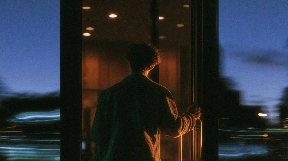 A person seen from behind pausing at the glass door of a small office at dusk, hand on the handle, warm light inside and cool blue street reflections around them.