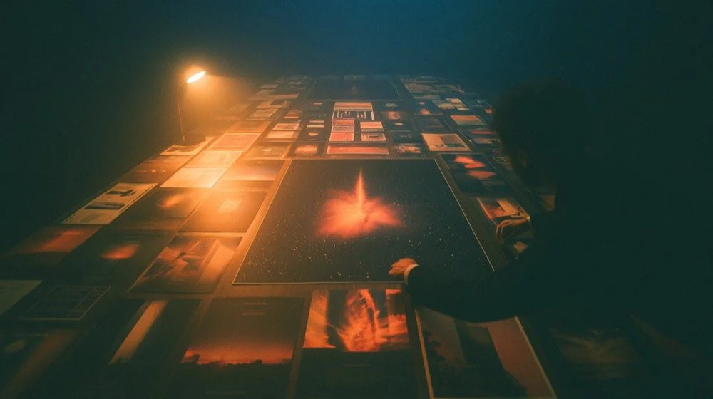 A long table covered in years of one company's printed materials in mismatched colors, receding into a dark office under a single lamp while a person sorts them.