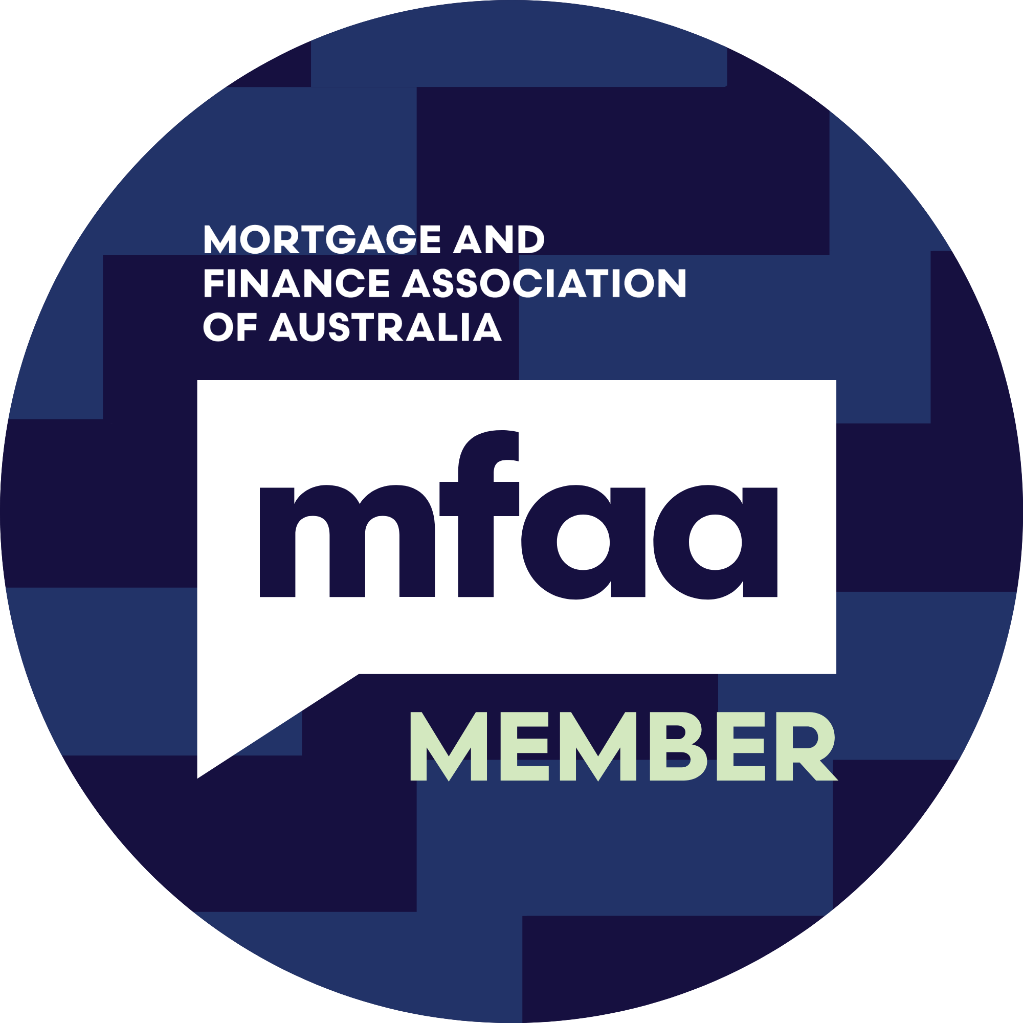 A circular logo for the Mortgage and Finance Association of Australia (MFAA), featuring a dark blue background with geometric shapes, the MFAA abbreviation in a speech bubble, and the words "Member" in light green.
