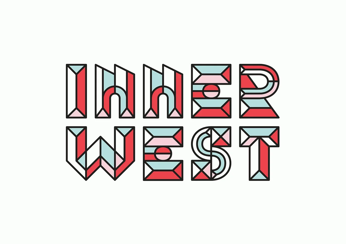Colorful geometric text spellout 'INNER WEST' with a stained-glass style design on a white background.