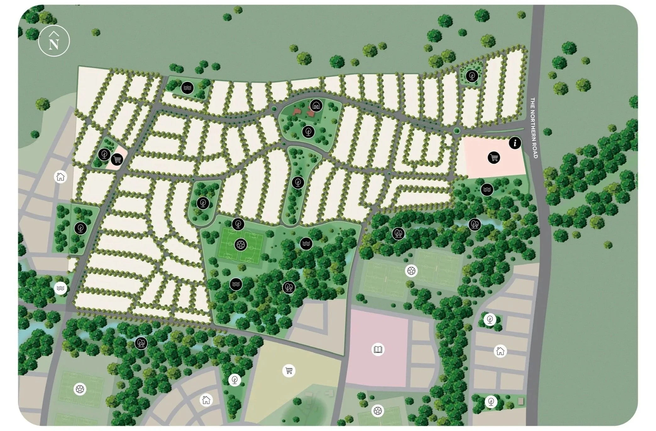 A detailed park or community map showing pathways, green areas, water features, buildings, and icons indicating amenities such as a clubhouse, playground, and sports fields.