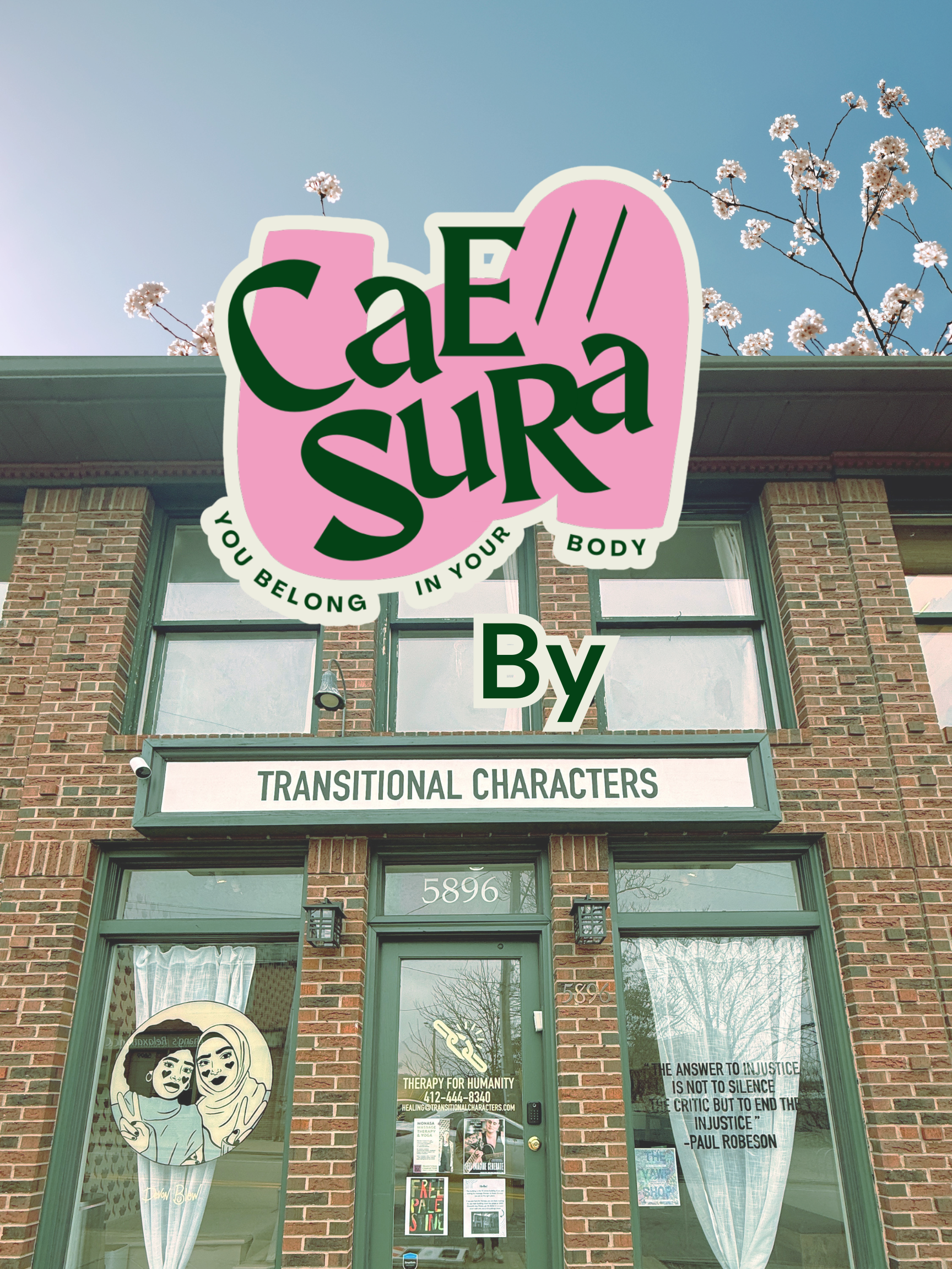 Caesura by T.C. storefront with logo. A friendly, inclusive massage therapy practice with a unique membership option for clients of Transitional Characters