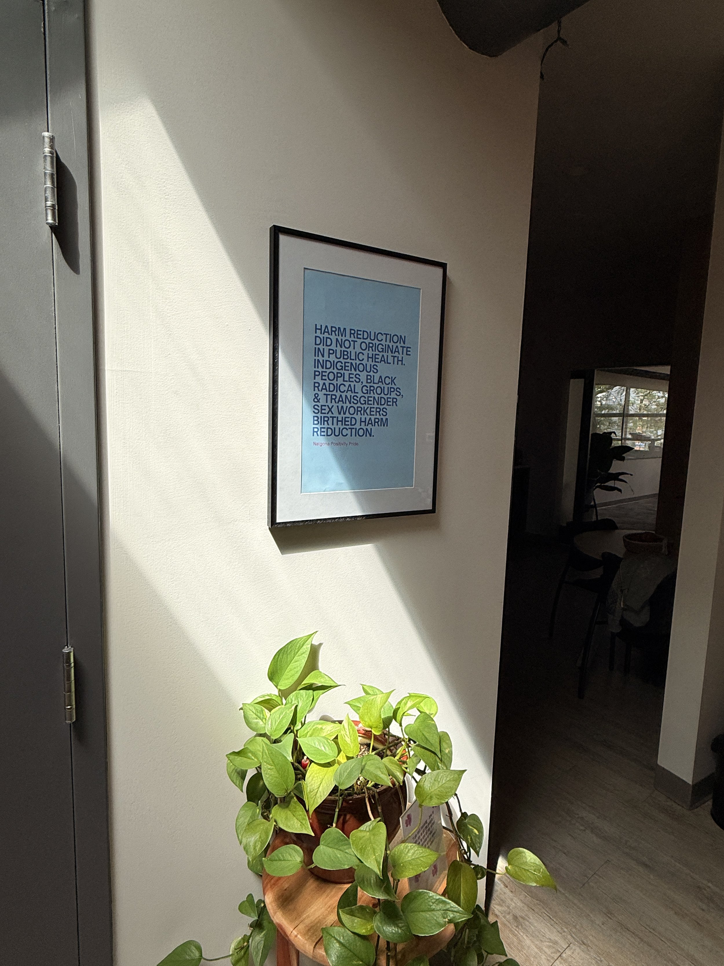 A framed sign on a white wall reads, "Harm reduction did not originate in public health. Indigenous peoples, black radical groups, & trans gender sex workers birthed harm reduction." A potted green plant sits on a small wooden table below the sign, w