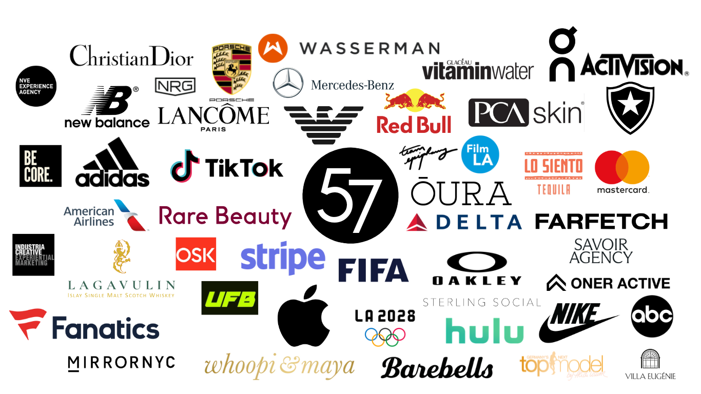 A collage of various corporate logos and brand icons, including Christian Dior, Porsche, Wasserman, Mercedes-Benz, Red Bull, Adidas, TikTok, Apple, Hulu, Nike, and others, arranged in a scattered pattern.