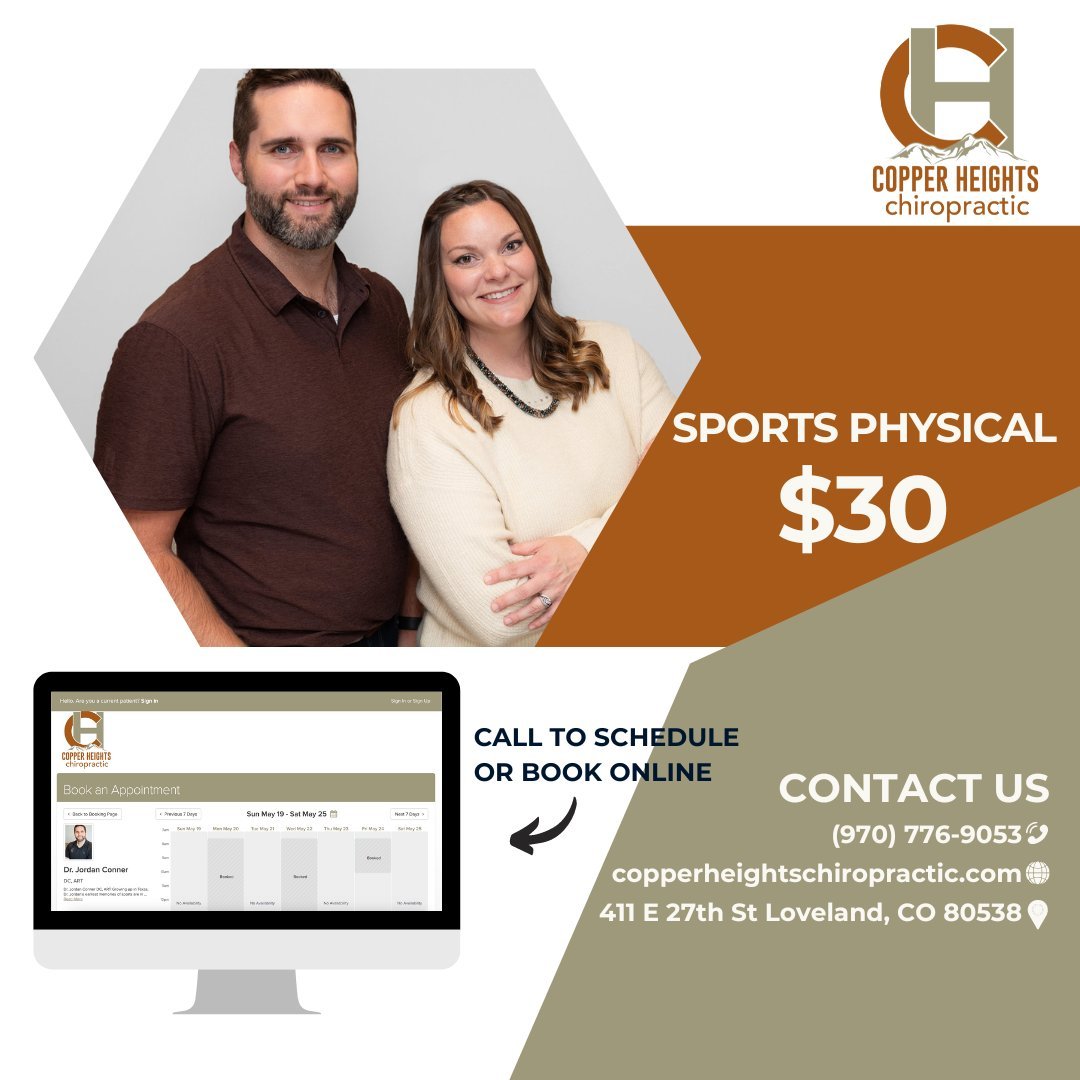 Get in the game with our comprehensive sports physicals at Copper Heights Chiropractic! ⚽️ ⚾️ 🏒

Dr. Jordan and Dr. Kendra will help ensure peak athletic performance for your athlete. 

📞 Call today to book (970) 776- 9053
Or schedule online 💻 www