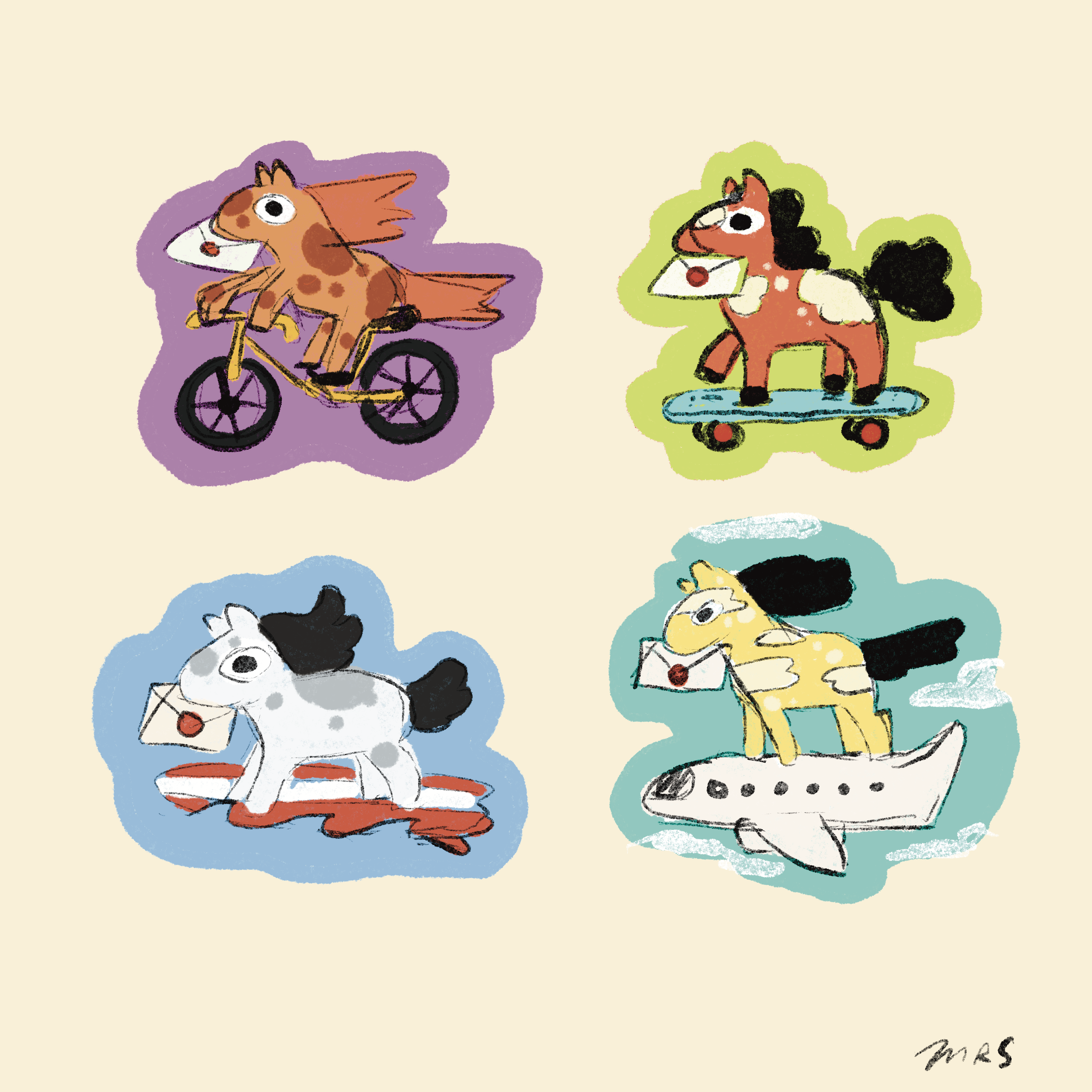 Concept sketches for my Pony Express sticker series. I was driven by making something I would want to see and buy. Something silly where I could let go of perfectionism.