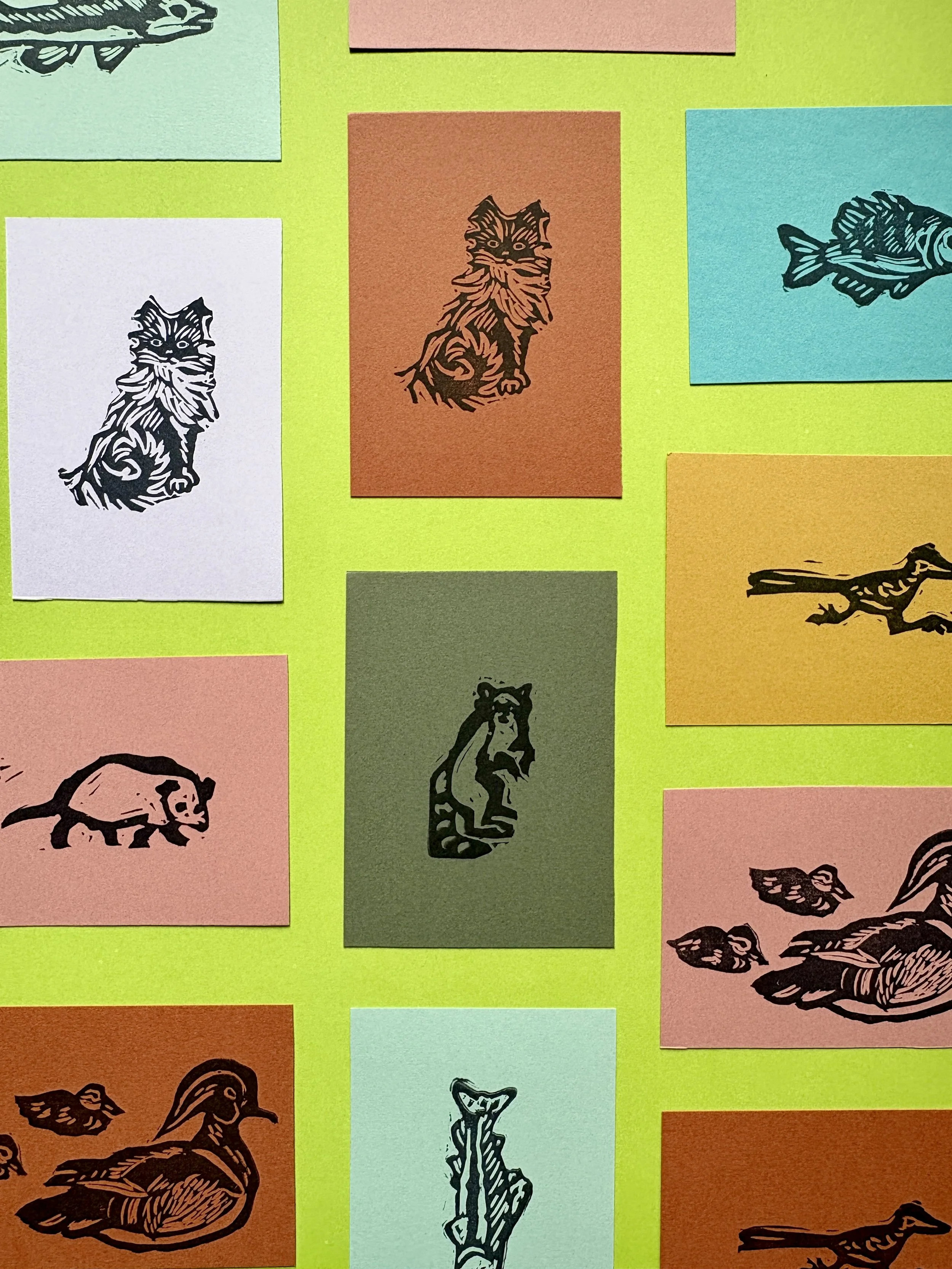 Mini prints, some carved out of school erasers. I made these 2.5 by 3.5 inches so that they can be used as artist trading cards.