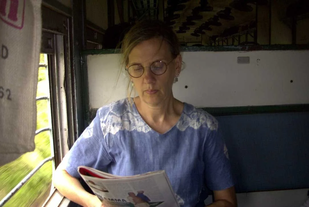 Barbara on Train to Bangalore from Mysore, India, September 17, 2001.