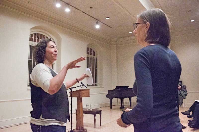 Stacy Szymaszek and Barbara at Barb's reading at The Poetry Project, photo by Mook, February 29, 2012.