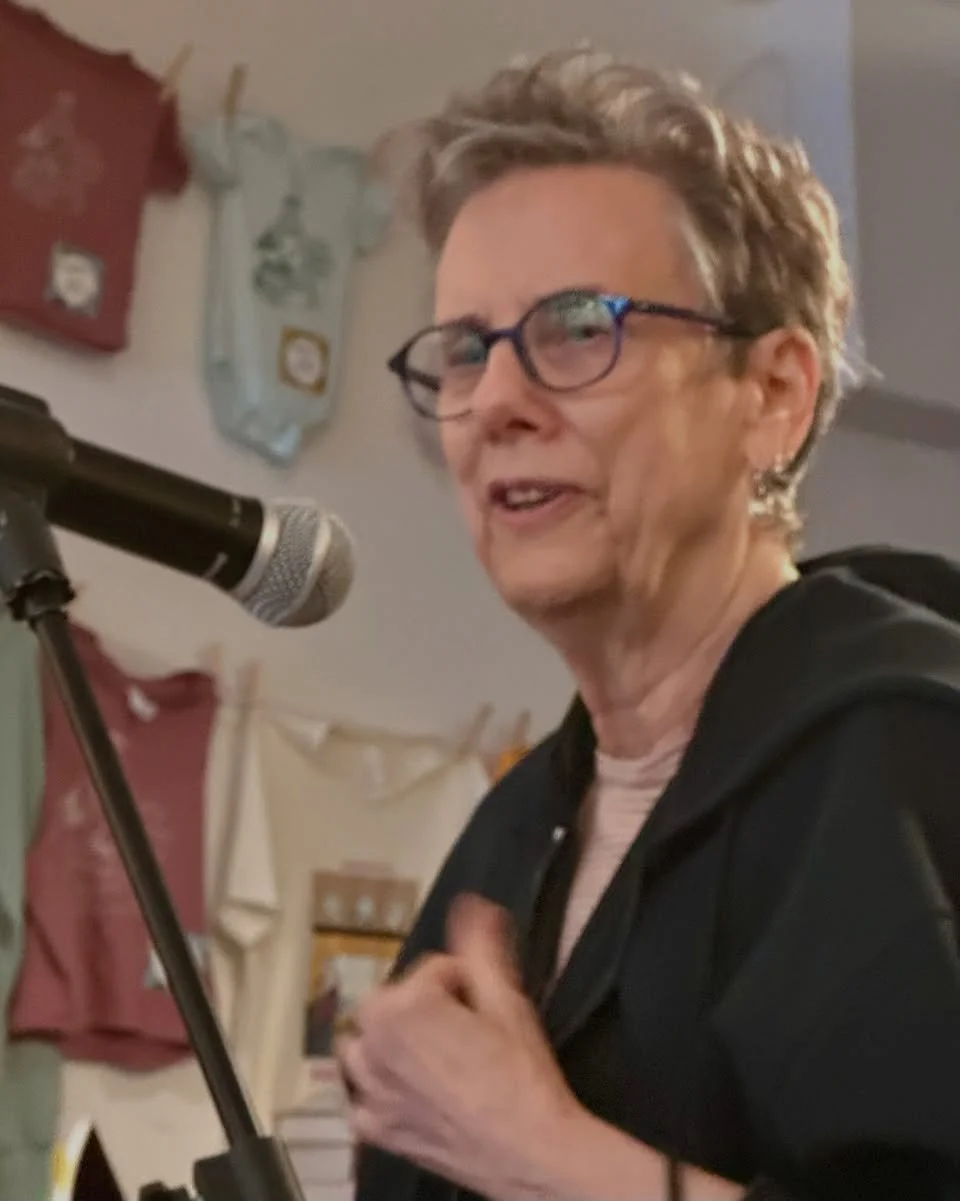Barbara reading at Lofty Pigeon for Overhear Reading, September 12, 2025, photo by Peter Bushyeager