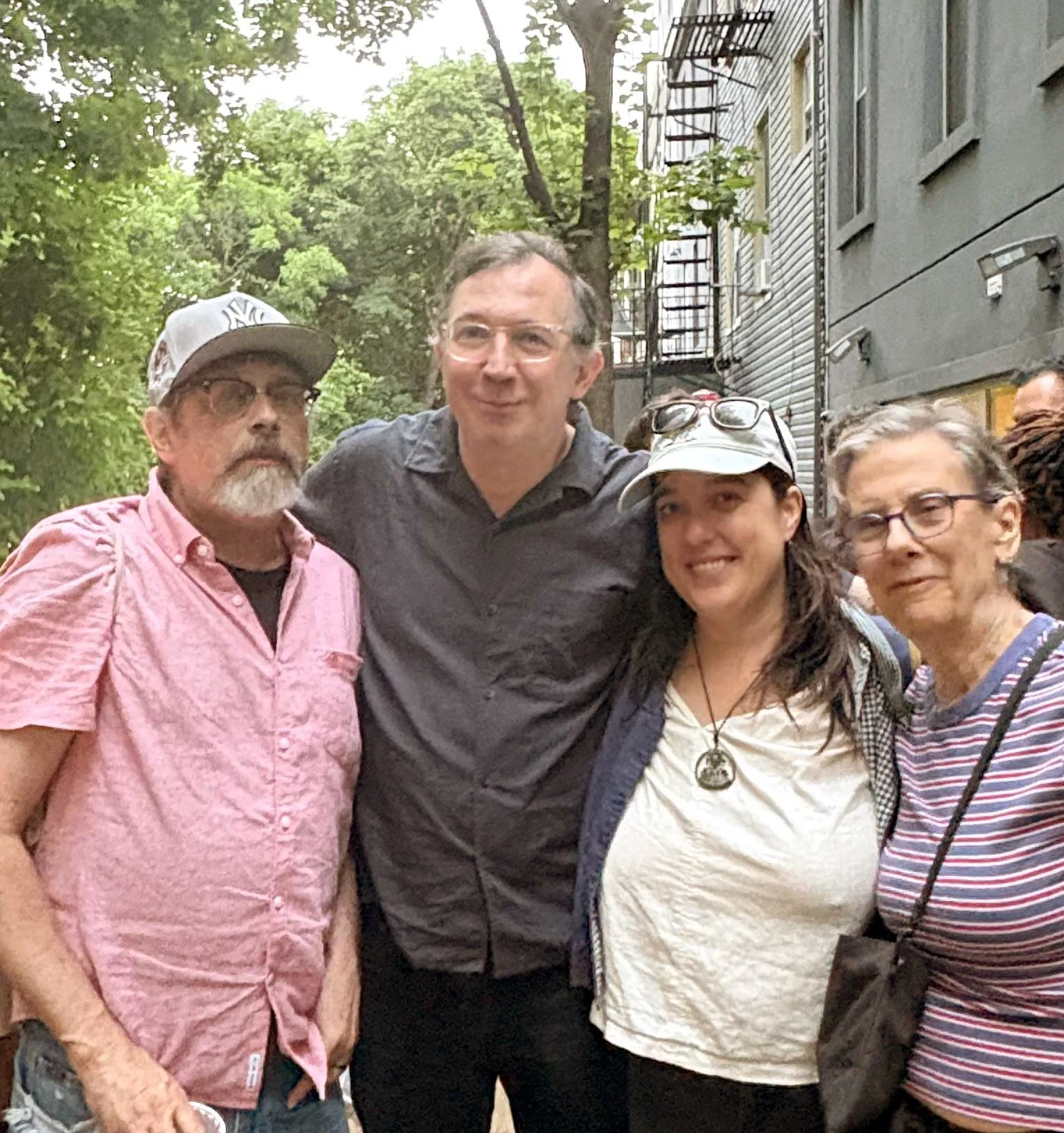 Anselm and Eddie Berrigan, Sarah Wallen, and Barb Henning at party at Jeffrey Joe Nelson's house, June 27, 2026