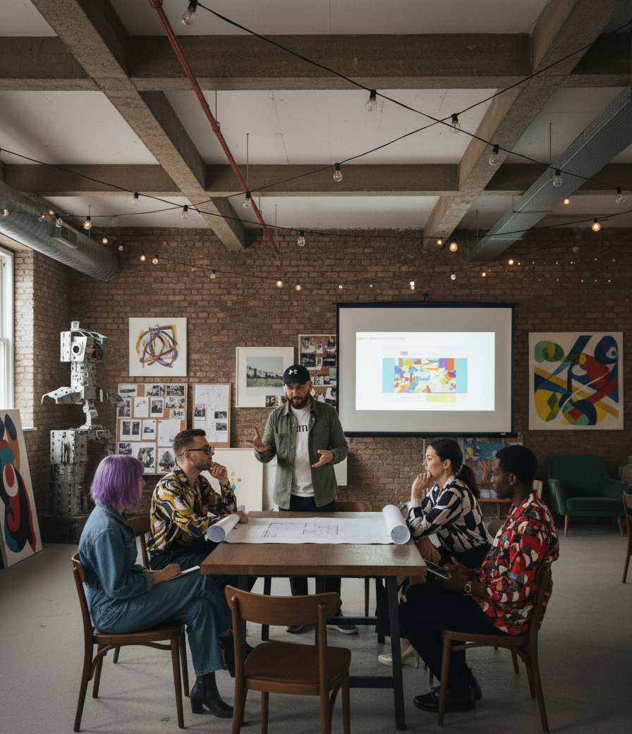 A man giving a presentation to four people seated around a table in an art studio or gallery space with artworks on the brick wall and colorful paintings.