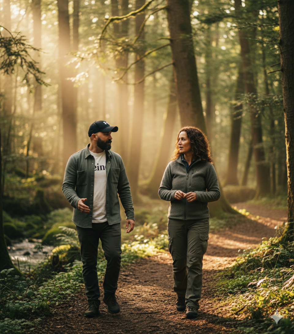 A man and woman walking and talking on a forest trail during sunset, surrounded by tall trees and greenery.